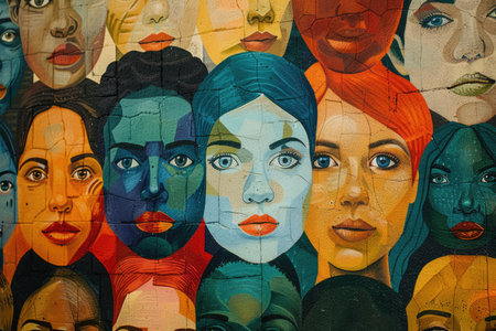 Vibrant Mural of Diverse Faces with Colorful Backgrounds.の素材