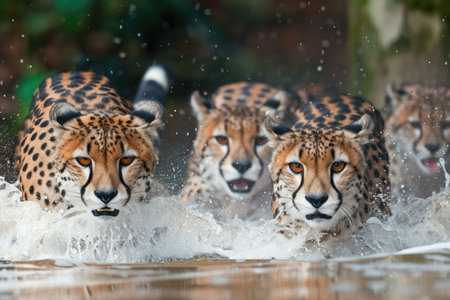 Cheetah Group Charging through Water in Natural Habitat.の素材