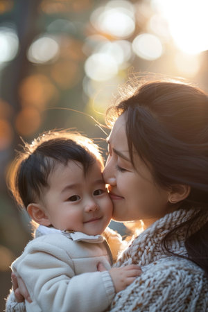 Mother Holding Smiling Baby Outdoors in Autumn Sunlight.の素材