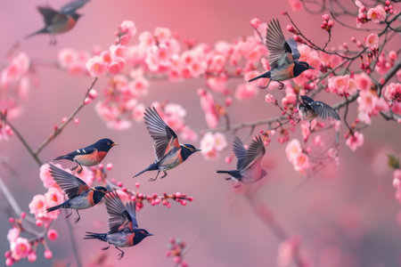 Vibrant Birds in Motion Among Blooming Cherry Blossoms.の素材