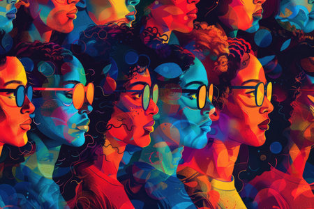 Vibrant Multicolored Artistic Portraits of Diverse Individuals Wearing Glasses in Abstract Patterns.の素材