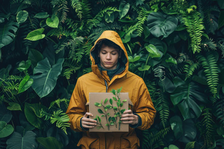 Young Man Holding a Cardboard Box with Plant Cuttings in Vibrant Green Jungle Environment.の素材