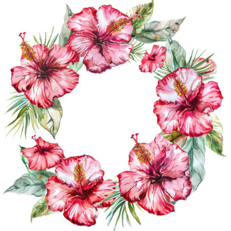 Vibrant Hibiscus Floral Wreath with Green Leaves on White Background.の素材