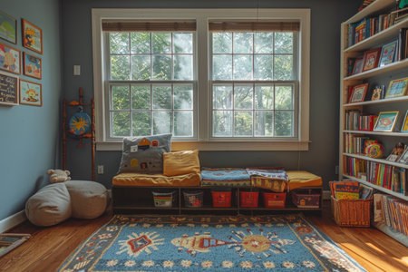 Cozy Children's Reading Nook with Large Windows and Bookshelves.の素材