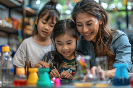 Mother and Child Painting Together: Joyful Art Session in Colorful Home Studio.の素材