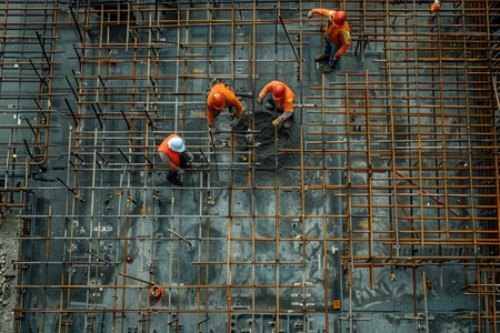 Construction Workers Laying Rebar Reinforcement for Concrete Slab on Industrial Building Site.の素材