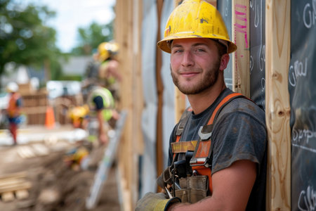 Confident Construction Worker Smiling at Building Site with Team in Background.の素材