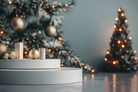 Festive Holiday Background with Christmas Tree and Decorations in Cozy Living Room.の素材