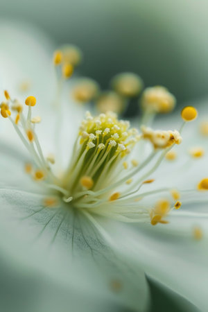 Delicate White Flower Blossom in Soft Focus Against Light Blue Background.の素材