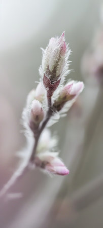 Close-Up of Delicate Pink Flower Buds Against a Soft Blue Background.の素材
