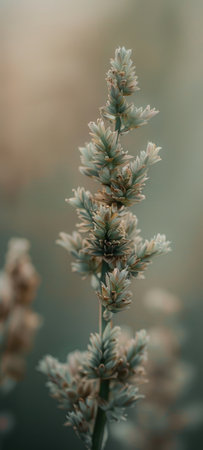 Close-Up of Brown Seed Pods Against a Soft Focus Green and Blue Background.の素材