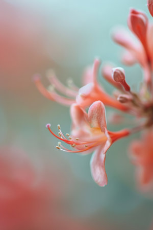 Macro of Dew-Covered Pink Flower with Bright Yellow Stamen.の素材