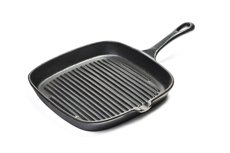 Red frying pan isolated on whiteの写真素材