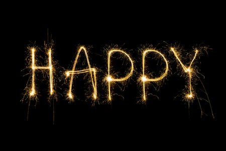 Happy fireworks Letter on black color background.の写真素材
