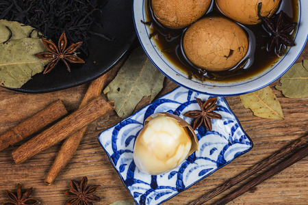 Chinese tea eggs,  black tea boiled eggs in spicesの写真素材