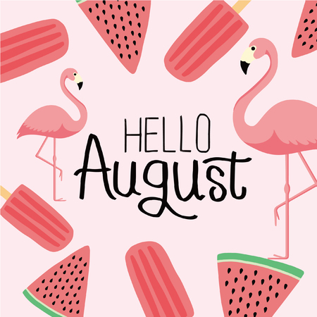"Hello, august!" greeting card with watermelon. Vector illustration. Beautiful summer watermelon background. Elements for design. Market fruit.のイラスト素材