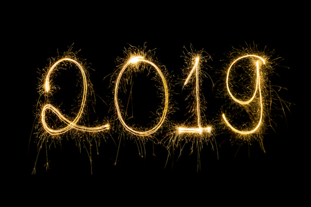'2019'  written with Sparkle fireworkの写真素材