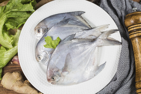 Fresh Pomfret on the tableの写真素材
