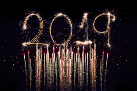 2019 with fireworks isolated on black background