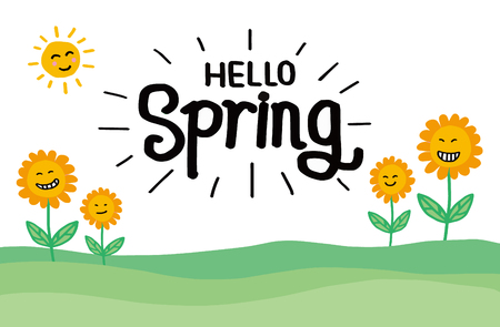 Hello spring stylized calligraphic inscription on a white background. Spring template for design, cards, invitations, postersのイラスト素材