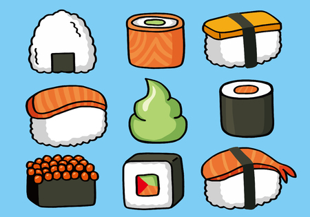 Onigiri and sushi seamless doodle patternのイラスト素材