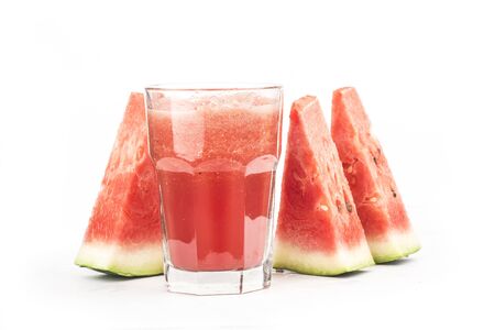 Fresh watermelon juice and fruits isolated on white backgroundの写真素材