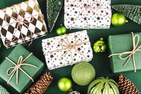 Christmas background with gift boxes,  Preparation for holidays. Top view with copy space.の写真素材