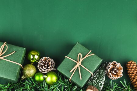 Christmas background with gift boxes,  Preparation for holidays. Top view with copy space.の写真素材