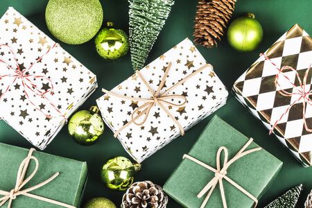 Christmas background with gift boxes,  Preparation for holidays. Top view with copy space.の写真素材