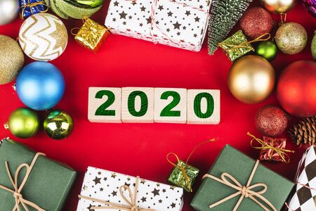 Christmas background with gift boxes,  Preparation for holidays. Top view with copy space.の写真素材
