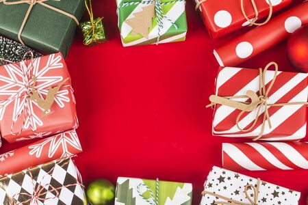 Christmas background with gift boxes,  Preparation for holidays. Top view with copy space.の写真素材