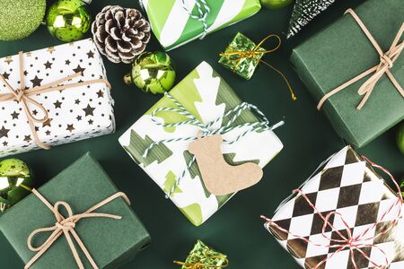 Christmas background with gift boxes,  Preparation for holidays. Top view with copy space.