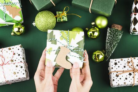 Christmas background with gift boxes,  Preparation for holidays. Top view with copy space.