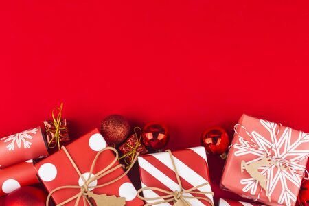 Christmas background with gift boxes,  Preparation for holidays. Top view with copy space.の写真素材