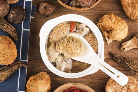 Hericium ribs soup, Chinese food stew soup.の写真素材