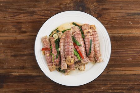 A plate of fried Mantis shrimpの写真素材