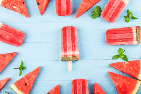 Homemade watermelon ice cream stick on a plate. Summer food concept.の写真素材