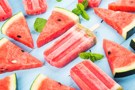 Homemade watermelon ice cream stick on a plate. Summer food concept.の写真素材