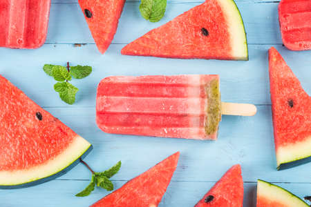 Homemade watermelon ice cream stick on a plate. Summer food concept.の写真素材