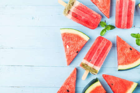 Homemade watermelon ice cream stick on a plate. Summer food concept.の写真素材