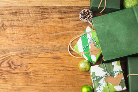 Lots of Gift boxes on wood background. Christmas and other holidays concept.の写真素材