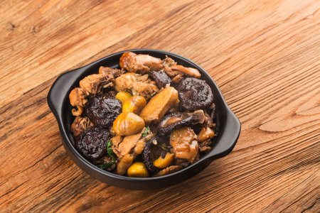 Chinese cuisine: Stir-fried chicken with chestnut and mushroomの写真素材