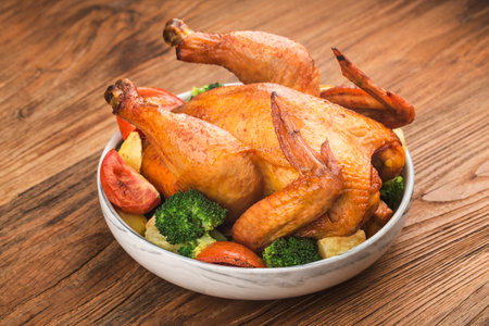 roasted chicken and vegetables on wooden tableの写真素材