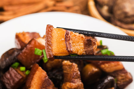 Chinese Food: Braised Pork with Chestnut and Mushroomの写真素材