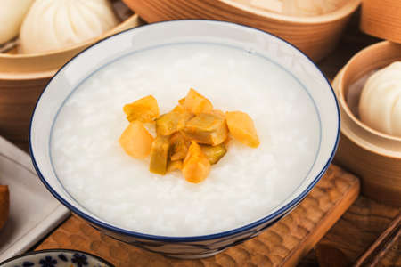 Chinese porridge breakfast set, fried dough sticks, white porridge,の写真素材
