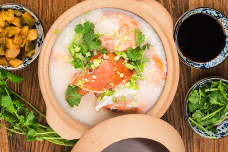 Chinese cuisine:a casserole Chaoshan seafood porridge.seafood porridgeの写真素材