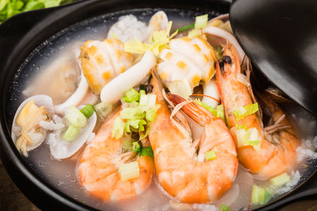 Chinese cuisine:a casserole Chaoshan seafood porridge.の写真素材