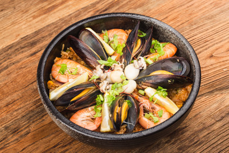 Tasty Spanish paella with seafood.の写真素材