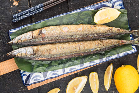 A plate of roasted sauryの写真素材