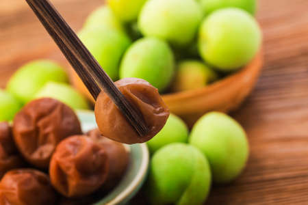 Fresh green plum and preserved green plumの写真素材
